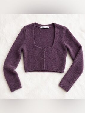 Zara Knit Cropped Cardigan Purple Soft Button Front Sweater